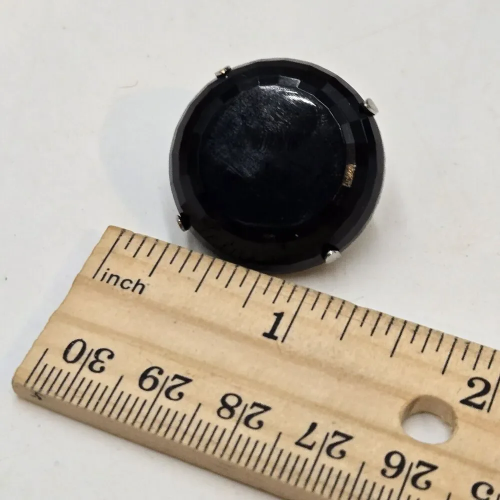 Vintage Signed HOBE Round Black French Jet Button Glass Clip Earrings Faceted